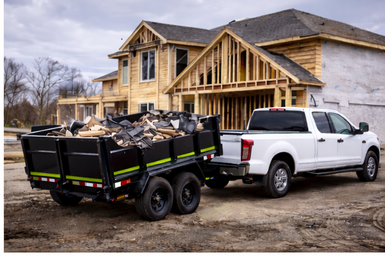 Truck pulling dump trailer rental at construction site in Goshen